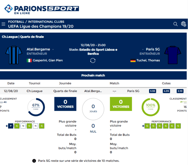 Le site web en ligne de parionssport (statistiques).