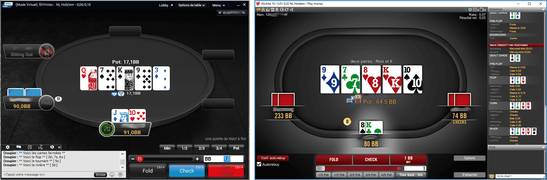 Une table de poker PMU et Winamax, côte à côte.