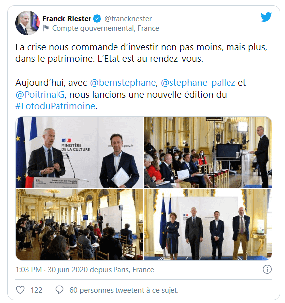 Twett de Franck Riester (lors de la présentation de Mission Patrimoine).