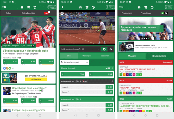 Unibet : captures d'écaran  de l'application de paris sportifs et de turf.