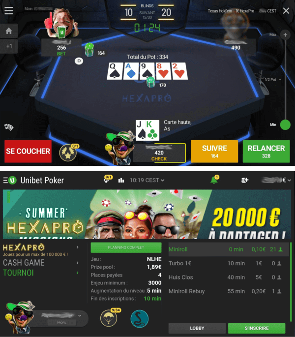 Unibet : captures d'écran de l'application de poker (lobby et table sur smartphone).