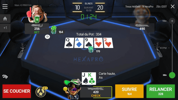 Unibet poker (table HexaPro sur un smartphone Android).