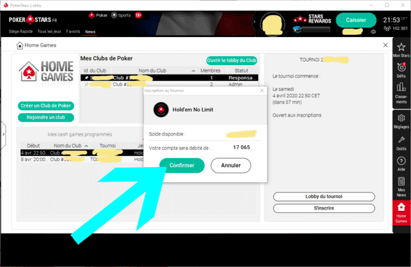 Validation de l'inscription à un tournoi Home Games PokerStars.