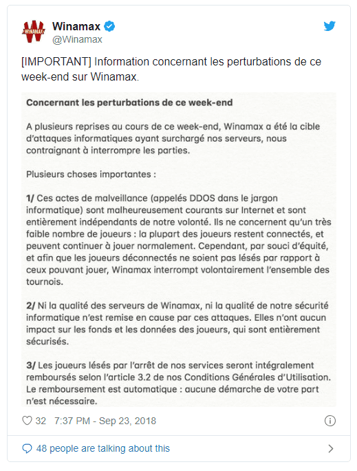 Exemple de communication de Winamax sur Twitter suite à une attaque DDoS.